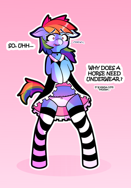 Size: 2443x3508 | Tagged: suggestive, artist:jorjan, derpibooru import, rainbow dash, pegasus, pony, semi-anthro, bipedal, blushing, choker, clothes, dialogue, dress, dress lift, eyebrows, eyebrows visible through hair, female, frilly dress, image, mare, panties, png, rainbow dash always dresses in style, skirt, skirt lift, socks, solo, solo female, stockings, tail, thigh highs, underwear