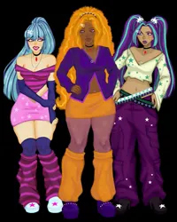 Size: 1059x1324 | Tagged: safe, artist:serawtf21, derpibooru import, adagio dazzle, aria blaze, sonata dusk, oc, oc:siren, human, belly button, belly piercing, belt, boots, clothes, dark skin, denim, ear piercing, earring, eyeshadow, female, grin, high heel boots, humanized, image, jeans, jewelry, jpeg, leg warmers, lipstick, makeup, midriff, nail polish, necklace, nose piercing, nose ring, pants, piercing, shirt, shoes, skirt, smiling, socks, stockings, the dazzlings, thigh highs, trio