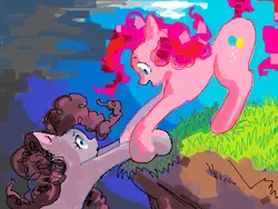 Size: 450x339 | Tagged: safe, artist:f1sh1es, derpibooru import, pinkie pie, earth pony, pony, a friend in deed, duality, duo, image, open mouth, png, scene interpretation, smile song