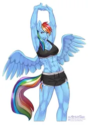 Size: 755x1080 | Tagged: suggestive, artist:artintess, derpibooru import, part of a set, rainbow dash, anthro, pegasus, pony, abs, armpits, arms in the air, breasts, busty rainbow dash, clothes, eyebrows, eyebrows visible through hair, female, image, jpeg, mare, muscles, muscular female, rainbuff dash, shorts, simple background, sports bra, sports shorts, spread wings, stretching, white background, wings