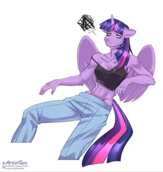 Size: 1211x1280 | Tagged: safe, artist:artintess, derpibooru import, part of a set, twilight sparkle, twilight sparkle (alicorn), alicorn, anthro, pony, bags under eyes, belly button, breasts, busty twilight sparkle, cleavage, clothes, denim, emanata, female, floppy ears, image, jeans, jpeg, mare, midriff, pants, simple background, solo, tired, white background