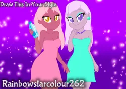 Size: 1536x1080 | Tagged: safe, artist:rainbowstarcolour262, derpibooru import, oc, oc:taffycoat, oc:zina pearl, unofficial characters only, human, equestria girls, bare shoulders, bottle, breasts, cleavage, clothes, draw this in your style, dress, duo, duo female, ear piercing, earring, eyeshadow, female, gradient background, image, jewelry, makeup, necklace, pearl necklace, piercing, pink dress, png, purple eyes, siblings, signature, sisters, smug, strapless, strapless dress, water bottle, yellow eyes