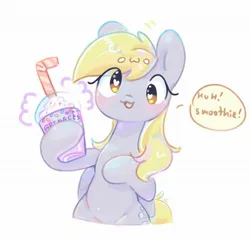 Size: 2048x1990 | Tagged: safe, artist:bubbletea, derpibooru import, derpy hooves, pegasus, pony, cute, derpabetes, dialogue, drink, female, grimace shake, heart, heart eyes, hoof hold, image, jpeg, looking at you, mare, mcdonald's, meme, milkshake, open mouth, open smile, owo, simple background, smiling, smiling at you, solo, speech bubble, talking to viewer, white background, wingding eyes