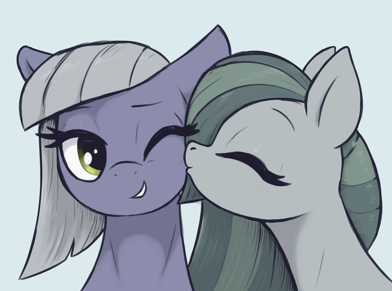 Size: 3000x2230 | Tagged: safe, artist:t72b, derpibooru import, limestone pie, marble pie, earth pony, pony, eyes closed, female, floppy ears, grin, image, kiss on the cheek, kissing, mare, one eye closed, png, siblings, simple background, sisters, smiling