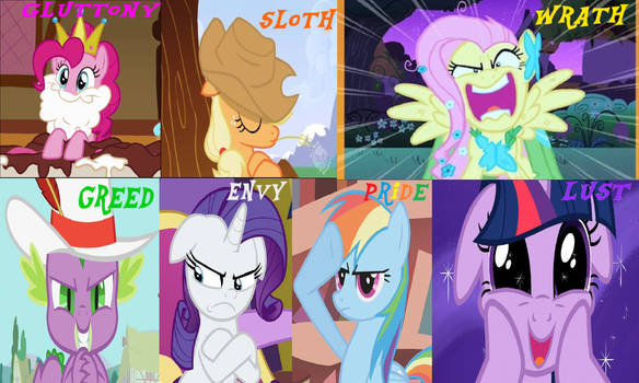 Size: 584x350 | Tagged: safe, artist:mlpfan3991, derpibooru import, edit, edited screencap, screencap, applejack, fluttershy, pinkie pie, rainbow dash, rarity, spike, twilight sparkle, dragon, earth pony, pegasus, pony, sloth, unicorn, dragon dropped, dragonshy, lesson zero, secret of my excess, swarm of the century, the best night ever, the crystal empire, clothes, crossed hooves, dress, envy, female, floppy ears, flutterrage, frown, gala dress, gluttony, greed, image, jpeg, lust, male, mane seven, mane six, mare, pride, salute, seven deadly sins, unicorn twilight, wrath