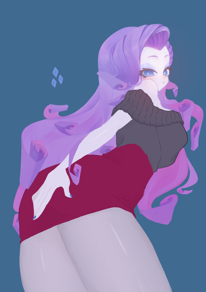 Size: 2480x3508 | Tagged: suggestive, artist:vanityamaryllis, derpibooru import, rarity, human, equestria girls, ass, big breasts, blue background, blushing, breasts, busty rarity, butt, clothes, female, image, jpeg, looking at you, looking back, looking back at you, pantyhose, rearity, simple background, skirt, solo, solo female