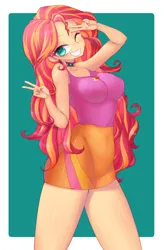 Size: 1021x1560 | Tagged: suggestive, artist:vanityamaryllis, derpibooru import, sunset shimmer, human, equestria girls, breasts, busty sunset shimmer, female, grin, image, jpeg, looking at you, one eye closed, passepartout, peace sign, simple background, smiling, smiling at you, solo, solo female, tight clothing, vacuum sealed clothing, white background, wink
