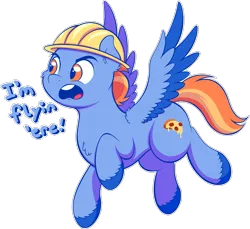 Size: 1751x1601 | Tagged: safe, artist:wownamesarehard, derpibooru import, pegasus, pony, g5, my little pony: tell your tale, sisters take flight, spoiler:g5, spoiler:my little pony: tell your tale, spoiler:tyts01e03, bean mouth, chest fluff, clothes, colored wings, derpibooru exclusive, dialogue, flying, hard hat, hat, image, male, multicolored wings, philly, png, scene interpretation, simple background, solo, spread wings, stallion, transparent background, unshorn fetlocks, wings