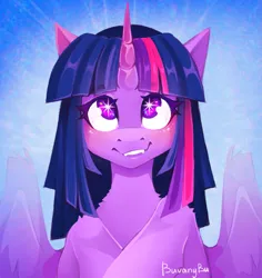 Size: 1867x1974 | Tagged: safe, alternate version, artist:buvanybu, derpibooru import, twilight sparkle, twilight sparkle (alicorn), alicorn, pony, blushing, cute, cute little fangs, fangs, female, image, looking up, mare, partially open wings, png, signature, smiling, solo, wingding eyes, wings