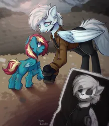 Size: 2892x3336 | Tagged: safe, artist:yumkandie, derpibooru import, oc, oc:polar vortex, pegasus, pony, fallout equestria, ashes town, black and white, blank flank, blue coat, blue eyes, checkered past, cute, dark past, dirt, dirty, eyebrows, eyebrows visible through hair, fallout equestria oc, female, filly, foal, germany oneesan meme, grayscale, image, meme, monochrome, multicolored hair, photo, png, skull, skull mask, slaver, smiling, u-turn, u-turn marauder, white mane, wings