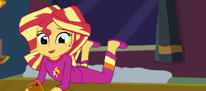 Size: 1600x706 | Tagged: safe, artist:thomaszoey3000, derpibooru import, sunset shimmer, human, equestria girls, christmas decoration, clothes, curtains, fanfic art, humanized, image, pajamas, phone, png, slippers, solo