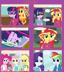 Size: 1808x2039 | Tagged: safe, artist:thomaszoey3000, derpibooru import, applejack, fluttershy, pinkie pie, rainbow dash, rarity, sci-twi, sunset shimmer, twilight sparkle, human, comic:a shimmering twilight, equestria girls, clothes, couch, geode of empathy, glasses, humanized, image, magical geodes, pajamas, png