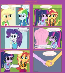 Size: 1808x2039 | Tagged: safe, artist:thomaszoey3000, derpibooru import, applejack, fluttershy, rainbow dash, rarity, sci-twi, sunset shimmer, twilight sparkle, human, comic:a shimmering twilight, equestria girls, clothes, glasses, holding hands, humanized, image, implied lesbian, implied scitwishimmer, implied shipping, lockers, png