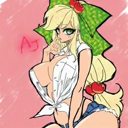 Size: 2094x2094 | Tagged: suggestive, artist:vanityamaryllis, derpibooru import, applejack, human, equestria girls, big breasts, bow, braless, breasts, busty applejack, clothes, daisy dukes, female, front knot midriff, hair bow, image, jpeg, looking at you, midriff, shorts, solo, solo female
