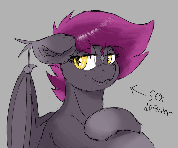 Size: 834x696 | Tagged: safe, artist:reddthebat, derpibooru import, oc, oc:selena (reddthebat), unofficial characters only, bat pony, pony, bat pony oc, bat wings, fangs, female, gray background, image, lidded eyes, mare, png, simple background, smiling, solo, wings