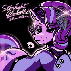 Size: 2400x2400 | Tagged: safe, artist:poxy_boxy, derpibooru import, starlight glimmer, pony, unicorn, album parody, black background, female, high res, image, lidded eyes, limited palette, mare, michael jackson, name, png, simple background, smiling, solo, thriller