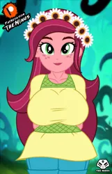 Size: 1285x2000 | Tagged: safe, artist:theminus, derpibooru import, gloriosa daisy, human, equestria girls, arm behind back, big breasts, breasts, busty gloriosa daisy, floral head wreath, flower, flower in hair, freckles, image, jpeg, looking at you, solo