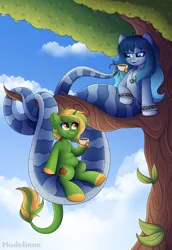 Size: 4800x6982 | Tagged: safe, artist:madelinne, derpibooru import, oc, oc:opal brona, oc:pitch pine, unofficial characters only, lamia, original species, cloud, cup, duo, image, leonine tail, png, sky, tail, teacup, tree, tree branch