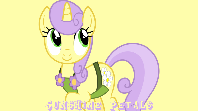 Size: 1920x1080 | Tagged: safe, artist:starryshineviolet, derpibooru import, edit, editor:jaredking779, sunshine petals, pony, unicorn, apron, background pony, clothes, female, flower, image, jpeg, mare, simple background, smiling, solo, yellow background