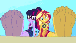 Size: 640x360 | Tagged: safe, derpibooru import, flash sentry, sci-twi, sunset shimmer, timber spruce, twilight sparkle, equestria girls, animated, feet, female, giantess, gif, image, larger female, macro, male, shrinking, size difference, smaller male, soles