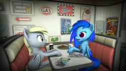 Size: 1920x1080 | Tagged: safe, artist:drakosh, derpibooru import, derpy hooves, oc, oc:tuchka, bat pony, pony, 3d, bat ponified, booth, duo, image, jpeg, mug, race swap, restaurant