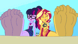 Size: 640x360 | Tagged: safe, derpibooru import, flash sentry, sci-twi, sunset shimmer, timber spruce, twilight sparkle, equestria girls, animated, duo focus, feet, female, giantess, gif, image, larger female, macro, male, size difference, smaller male, soles, wiggling toes