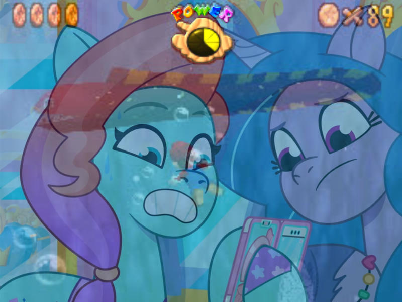 Size: 2048x1536 | Tagged: safe, derpibooru import, edit, edited screencap, screencap, izzy moonbow, earth pony, eel, pony, unicorn, g5, my little pony: tell your tale, abuse, abuse edit, all that jazz, coin, image, jazz hooves, jazzbuse, life bar, male, mario, phone, png, super mario 64, super mario bros., trio, underwater, water, worried