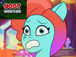 Size: 2048x1536 | Tagged: safe, derpibooru import, edit, edited screencap, screencap, earth pony, pony, g5, my little pony: tell your tale, abuse, abuse edit, baby critters, crossover, female, image, jazz hooves, jazzbuse, mare, open mouth, out of time, png, running out, scared, time limit, timer, worried