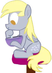 Size: 2080x2909 | Tagged: safe, artist:wissle, derpibooru import, derpy hooves, pegasus, pony, atg 2023, baking, bowl, dough, female, happy, image, looking down, mare, mixing bowl, newbie artist training grounds, png, simple background, sitting, solo, spoon, stirring, stool, transparent background