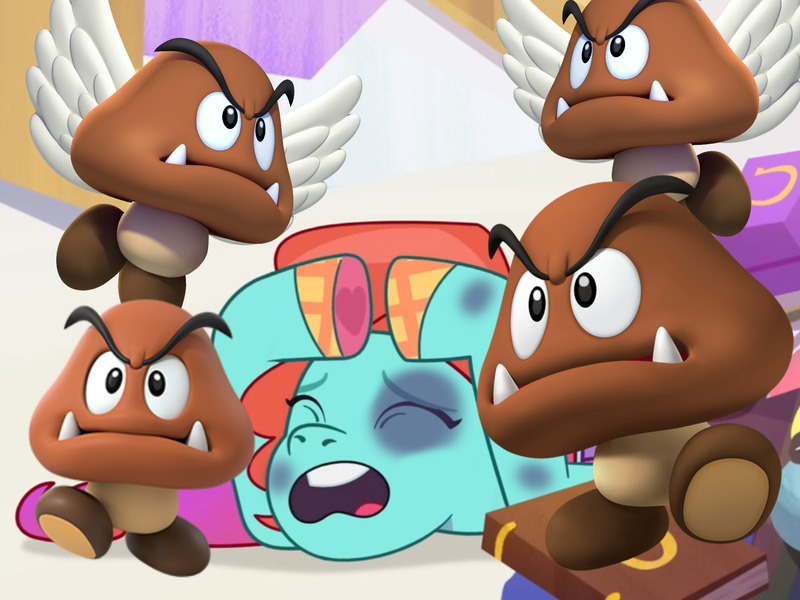 Size: 2048x1536 | Tagged: safe, derpibooru import, edit, edited screencap, screencap, earth pony, pony, g5, my little pony: tell your tale, abuse, abuse edit, baby critters, crossover, distressed, eyes closed, female, goomba, hooves up, idiot, image, jazz hooves, jazzbuse, mare, open mouth, png, super mario bros., weak