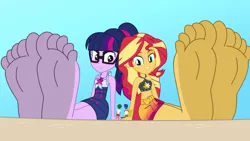 Size: 1440x810 | Tagged: safe, derpibooru import, flash sentry, sci-twi, sunset shimmer, timber spruce, twilight sparkle, human, equestria girls, barefoot, duo focus, eyes closed, feet, female, fetish, foot fetish, foot focus, giantess, image, larger female, macro, male, png, size difference, smaller male, soles, wiggling toes