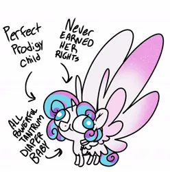 Size: 1061x1069 | Tagged: safe, artist:jinx32297, derpibooru import, princess flurry heart, alicorn, pony, arrow, baby, baby pony, female, filly, foal, image, jpeg, large wings, simple background, smiling, solo, text, wall eyed, white background, wings