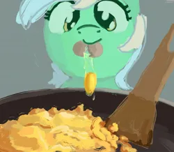 Size: 1951x1700 | Tagged: safe, artist:mandumustbasukanemen, derpibooru import, lyra heartstrings, pony, unicorn, atg 2023, egg (food), female, food, gray background, image, jpeg, looking at something, looking down, mare, mouth hold, newbie artist training grounds, scrambled eggs, simple background, solo