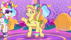 Size: 3072x1727 | Tagged: safe, derpibooru import, screencap, posey (g5), zipp storm, earth pony, pegasus, pony, g5, my little pony: tell your tale, spoiler:g5, spoiler:my little pony: tell your tale, spoiler:tyts01e55, adoraposey, bridlewoodstock (tell your tale), cute, duo, duo female, female, grin, image, jpeg, mare, smiling, starry eyes, sunglasses, wingding eyes