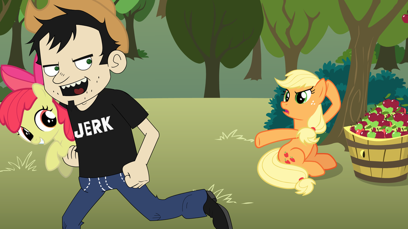 Size: 1920x1080 | Tagged: safe, artist:aidanproject, derpibooru import, apple bloom, applejack, earth pony, human, pony, angry, applejack's hat, cowboy hat, dan, dan vs, female, filly, foal, grin, hat, image, mare, now you fucked up, png, smiling, this will end in pain