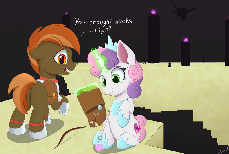 Size: 2000x1342 | Tagged: safe, artist:arcane-thunder, derpibooru import, button mash, sweetie belle, ponified, dragon, earth pony, enderman, enderpony, pony, unicorn, armor, arrow, bag, bow (weapon), butt, clothes, colt, dialogue, diamond, diamond armor, duo focus, end crystal, end pillars, enderdragon, english, female, filly, foal, image, iron armor, magic, male, minecraft, plot, png, telekinesis, the end, tongue out, void
