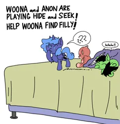 Size: 3413x3508 | Tagged: safe, artist:ponny, derpibooru import, princess luna, oc, oc:anonfilly, alicorn, earth pony, pony, bed, colored, female, filly, foal, hide, hide and seek, image, pillow, plushie, png, simple background, speech bubble, teddy bear, text, white background, woona, younger