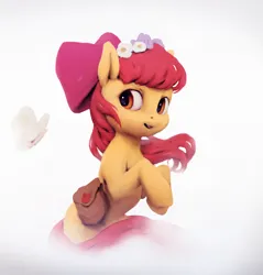 Size: 3913x4096 | Tagged: safe, artist:inkhooves, derpibooru import, apple bloom, butterfly, earth pony, insect, pony, adorabloom, bag, cute, female, filly, floral head wreath, flower, foal, image, jpeg, saddle bag, simple background, solo, white background