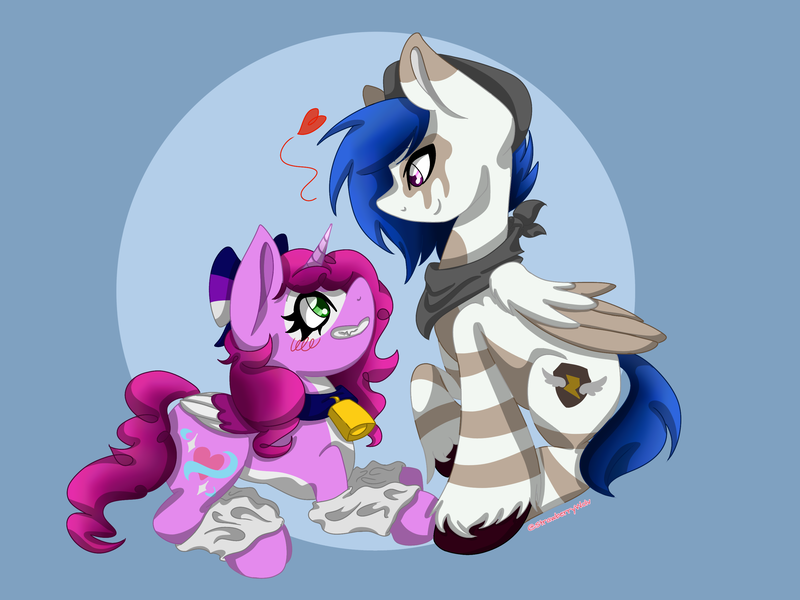 Size: 3000x2250 | Tagged: safe, artist:strawberrywolv, derpibooru import, oc, oc:astral thunder, oc:belle, alicorn, pegasus, pony, couple, cute, image, originalartwork, png, romance