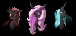 Size: 1863x900 | Tagged: safe, artist:carnifex, derpibooru import, oc, unofficial characters only, changeling, changeling queen, angry, blue changeling, female, image, jpeg, love, pink changeling, red changeling, trio