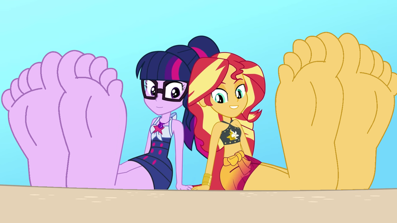 Size: 1440x810 | Tagged: safe, artist:a giant woman, derpibooru import, edit, sci-twi, sunset shimmer, twilight sparkle, human, equestria girls, barefoot, duo focus, eyes closed, feet, female, fetish, foot fetish, foot focus, giantess, image, larger female, macro, male, no shading, png, size difference, smaller male, soles, wiggling toes