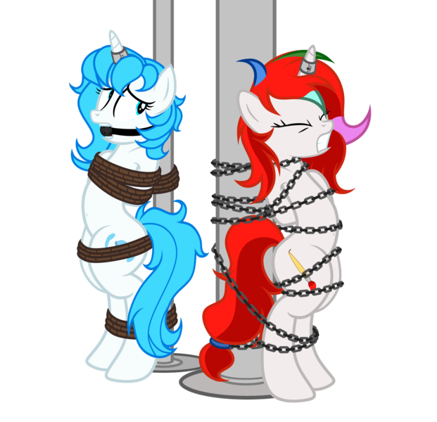 Size: 3806x3680 | Tagged: suggestive, artist:equestria secret guard, artist:radiantrealm, derpibooru import, oc, oc:blueblaze stardust, oc:shallow light, unofficial characters only, pony, unicorn, arm behind back, ballgag, belly button, bipedal, bondage, bound and gagged, chains, duo, female, gag, helpless, horn, horn ring, image, jewelry, magic suppression, mare, png, pole, pole tied, ring, rope, rope bondage, sexy, simple background, tied up, transparent background, unicorn oc