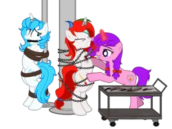 Size: 5426x4086 | Tagged: grimdark, artist:equestria secret guard, artist:radiantrealm, derpibooru import, oc, oc:blueblaze stardust, oc:candlelight warmth, oc:shallow light, unofficial characters only, pony, unicorn, arm behind back, ballgag, belly button, bipedal, blood, bondage, bound and gagged, chains, duo, female, gag, helpless, horn, horn ring, image, imminent death, jewelry, kidnapped, knife, magic, magic suppression, mare, murder, png, pole, pole tied, ring, rope, rope bondage, sexy, simple background, tied up, torture, transparent background, unicorn oc