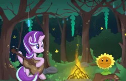 Size: 2173x1396 | Tagged: safe, artist:weiling, derpibooru import, starlight glimmer, butterfly, firefly (insect), insect, pony, unicorn, campfire, cute, female, flower, forest, glow, guitar, image, leaf, mare, musical instrument, night, png, simple background, sitting, solo, tree