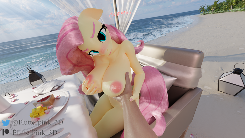 Size: 3840x2160 | Tagged: questionable, artist:flutterpink_3d, derpibooru import, fluttershy, anthro, art pack:burras calientes, 3d, beach, big breasts, blender, blender cycles, blushing, breast grab, breasts, burras calientes:edicion verano, busty fluttershy, female, grope, image, looking at you, nipples, nudity, offscreen character, png, pov, sitting, smiling, smiling at you, spanish, spanish text