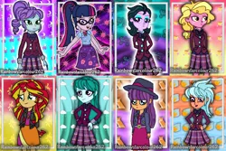 Size: 2000x1332 | Tagged: safe, artist:rainbowstarcolour262, derpibooru import, cold forecast, crystal lullaby, frosty orange, ginger owlseye, sci-twi, sunset shimmer, taffy shade, twilight sparkle, zephyr, human, series:equ wallpapers, equestria girls, equestria girls series, friendship games, :d, abstract background, background human, belt, blonde hair, bowtie, clothes, collage, crystal prep academy uniform, crystal prep shadowbolts, cute, cutie mark, cutie mark background, cutie mark on clothes, dress, eyeshadow, fedora, female, freckles, geode of telekinesis, glasses, green eyes, hand behind back, hand on hip, happy, hat, image, jacket, leather, leather jacket, lipstick, long hair, magical geodes, makeup, multicolored hair, necktie, open mouth, open smile, owlabetes, plaid skirt, pleated skirt, png, ponytail, purple eyes, school uniform, shimmerbetes, shirt, signature, skirt, smiling, twiabetes, wall of tags
