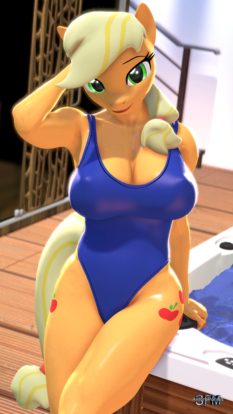 Size: 1080x1920 | Tagged: suggestive, artist:anthroponiessfm, derpibooru import, applejack, anthro, 3d, adorasexy, arm behind head, breasts, busty applejack, cleavage, clothes, cute, female, image, jacuzzi, looking at you, muscles, muscular female, png, sexy, solo, solo female, source filmmaker, swimming pool, swimsuit, thighs