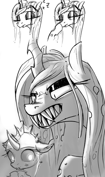 Size: 1912x3200 | Tagged: safe, artist:uteuk, derpibooru import, queen chrysalis, changeling, changeling queen, angry, blushing, boop, drone, female, image, jpeg, sharp teeth, teeth