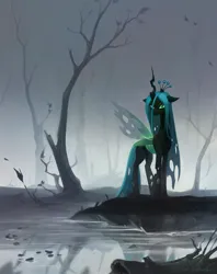 Size: 3072x3872 | Tagged: safe, artist:jewellier, derpibooru import, queen chrysalis, changeling, changeling queen, bare tree, female, fog, forest, gray background, image, insect wings, looking at you, png, simple background, solo, standing, swamp, tree, water, wings