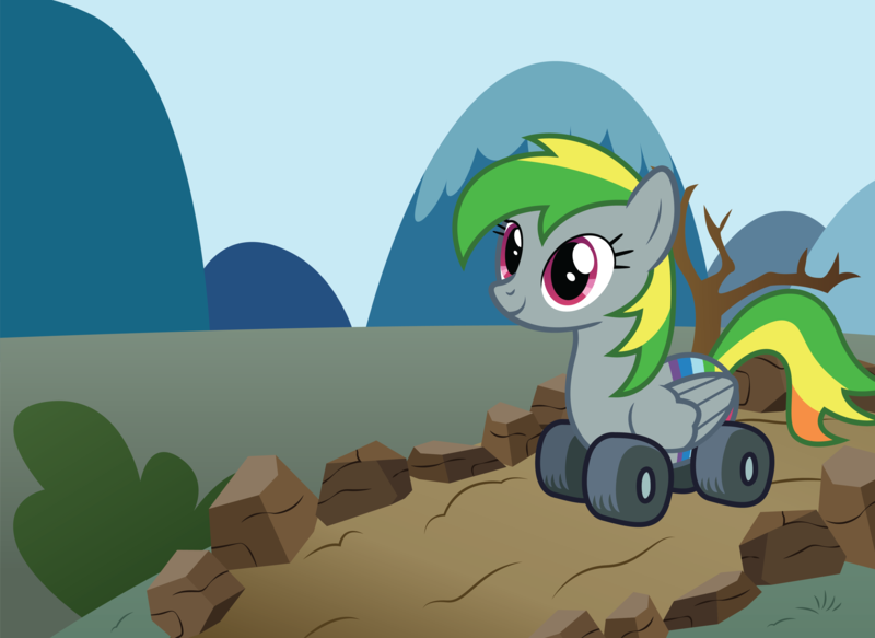 Size: 4119x3000 | Tagged: safe, artist:tolerance, oc, oc:wheely bopper, unofficial characters only, original species, pegasus, pony, wheelpone, cute, dead tree, female, folded wings, image, ocbetes, outdoors, png, rock, smiling, solo, tree, what has science done, wheel, wings